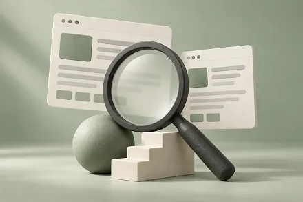 Ilustrație editorială cu o lupă în fața unor pagini web, pe un fundal verde salvie.